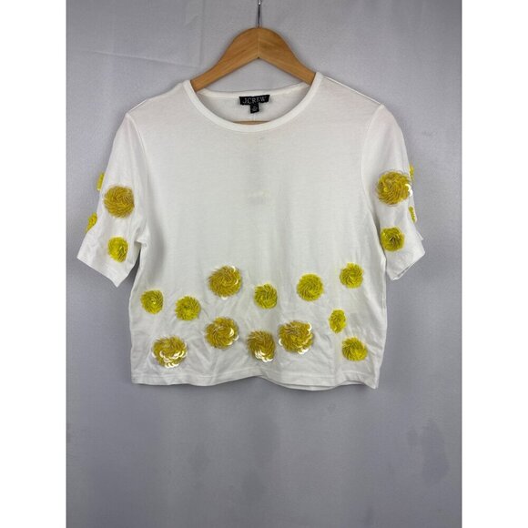 J.Crew Womens XS White Cotton Tee With Yellow Floral Embellishments - Picture 1 of 5